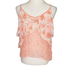 Free People Ivory Peach Floral Printed Sheer Ruffle All Things Tank Top - M